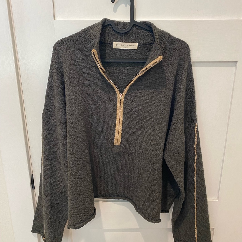 Stitch & Feather Dark Olive Quarter-Zip Sweater